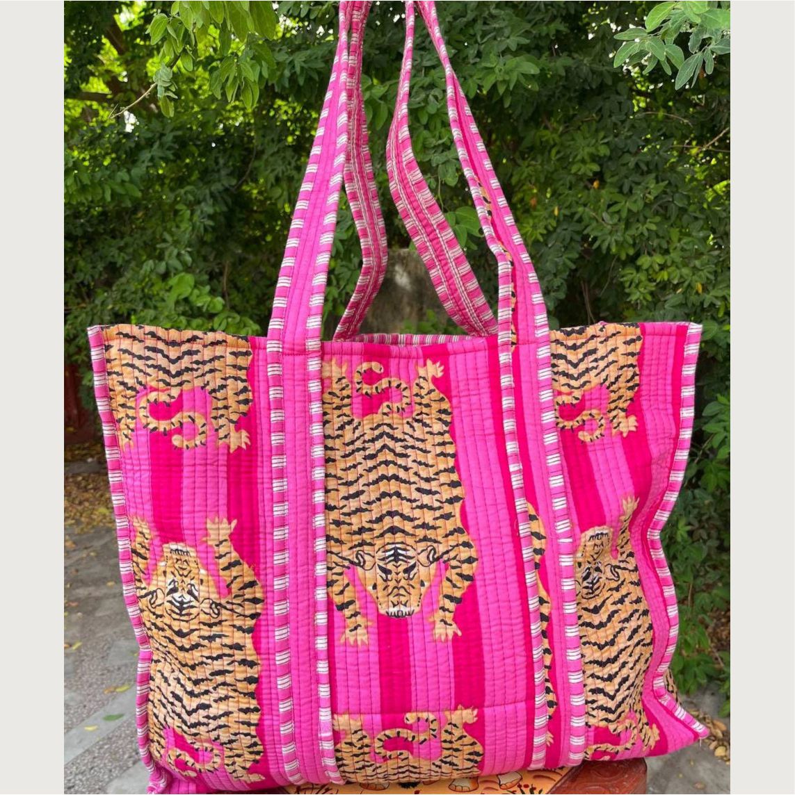 Pink Tiger Cotton Quilted Tote Bag