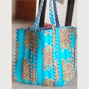 Turquoise Blue Tiger Cotton Quilted Tote Bag