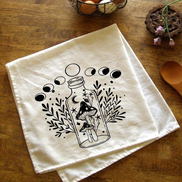 Mushroom Magic Botanical Witchy Moon Phase Kitchen Tea Towel: Black