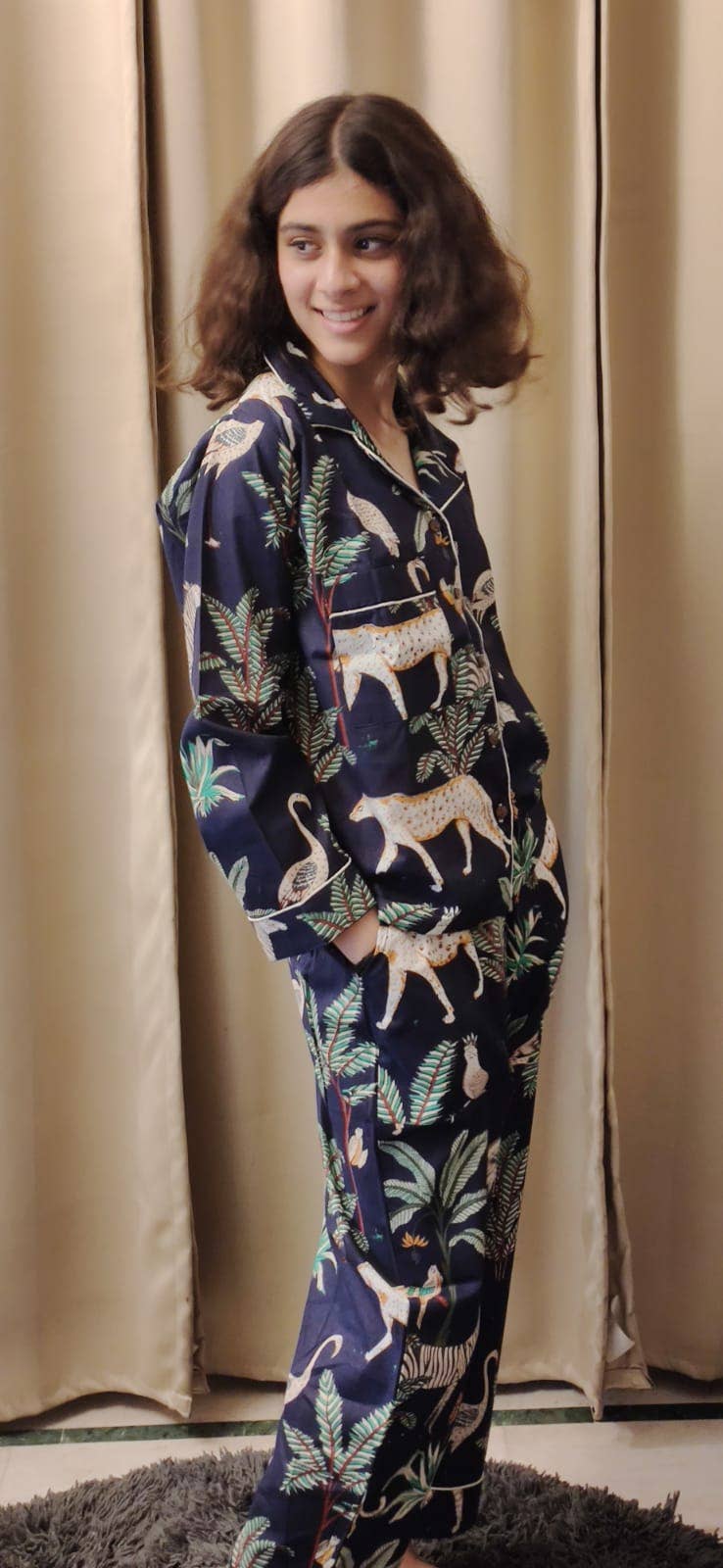 Cotton Tiger Print Long Pyjamas Set - Dark Blue Safari