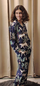 Cotton Tiger Print Long Pyjamas Set - Dark Blue Safari